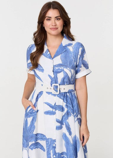 Izabel London Blue Leaf Print Belt Detail Midi Shirt Dress