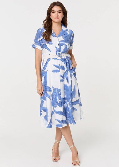 Izabel London Blue Leaf Print Belt Detail Midi Shirt Dress