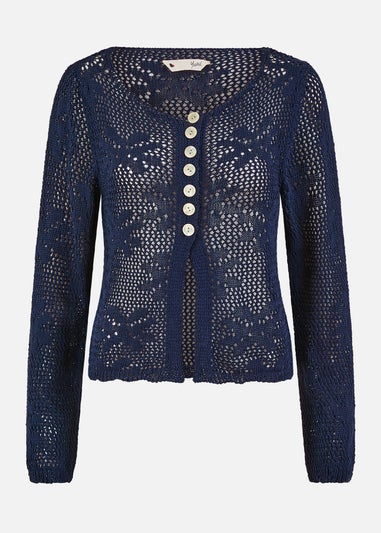 Yumi Navy Flower Crochet Button Up Cardigan