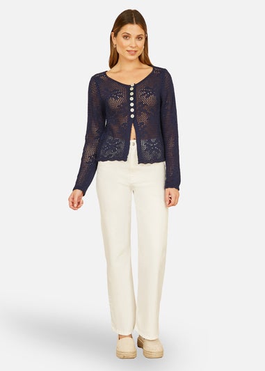 Yumi Navy Flower Crochet Button Up Cardigan