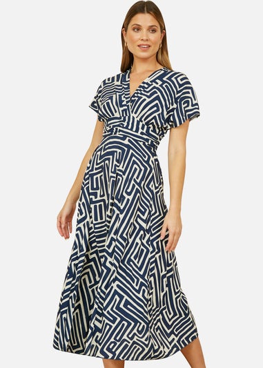 Yumi Navy Geometric Print Ruched Waist Midi Dress With Kimono Sleeves