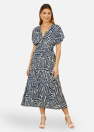 Yumi Navy Geometric Print Ruched Waist Midi Dress With Kimono Sleeves