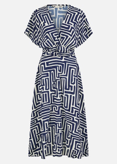 Yumi Navy Geometric Print Ruched Waist Midi Dress With Kimono Sleeves