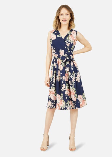 Yumi Navy Rose Printed Wrap Over Sleeveless Skater Dress