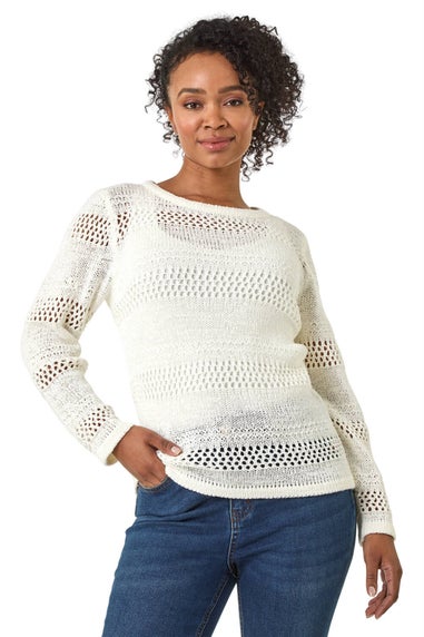 Roman White Petite Open Knit Jumper