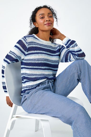 Roman Navy Petite Stripe Print Stretch Knit Jumper