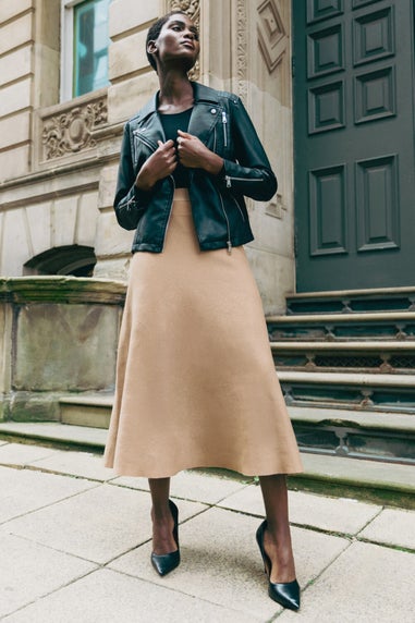 Roman Camel Knitted Elastic Waist A Line Midi Skirt