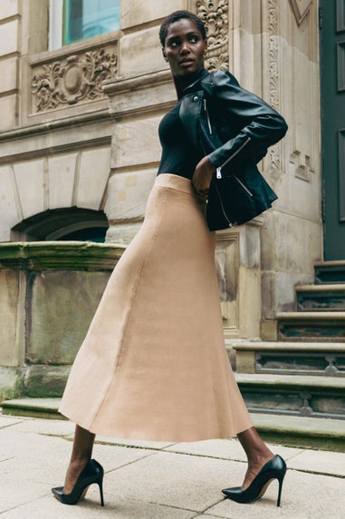 Roman Camel Knitted Elastic Waist A Line Midi Skirt
