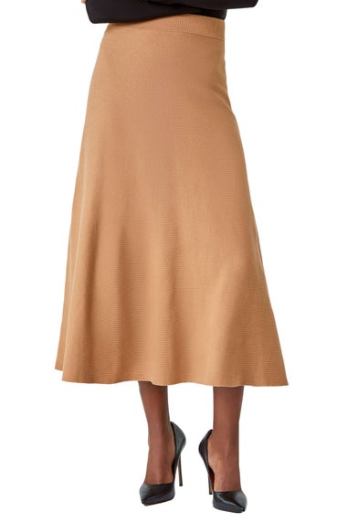 Roman Camel Knitted Elastic Waist A Line Midi Skirt