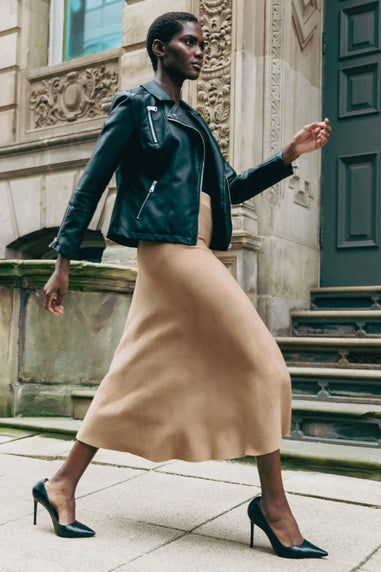 Roman Camel Knitted Elastic Waist A Line Midi Skirt