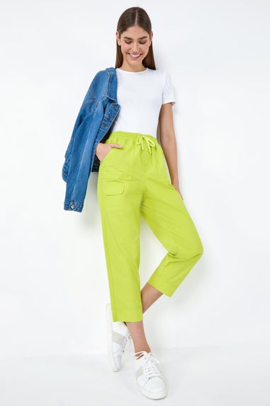 Roman Lime Cotton Elastic Waist Cropped Cargo Trousers