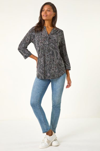 Roman Grey Textured Paisley Print Stretch Blouse