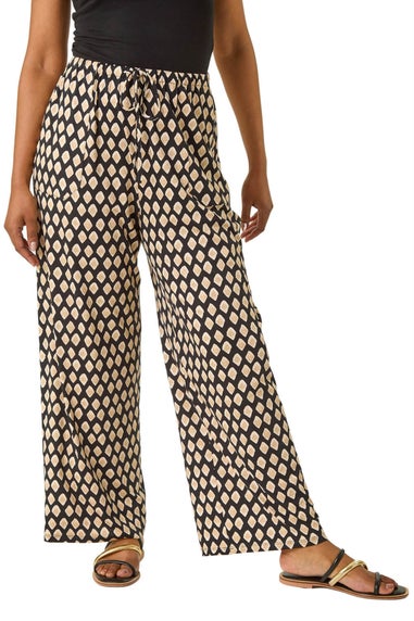 Roman Black Petite Geo Print Wide Leg Stretch Trouser