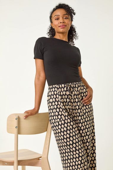 Roman Black Petite Geo Print Wide Leg Stretch Trouser