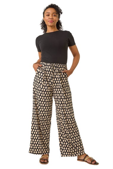 Roman Black Petite Geo Print Wide Leg Stretch Trouser