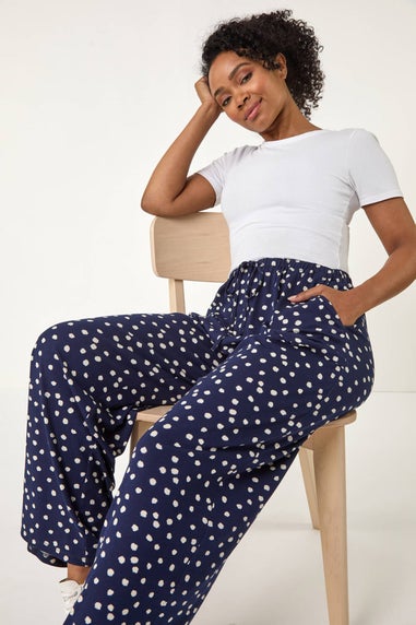 Roman Navy Petite Spot Print Wide Leg Stretch Trouser