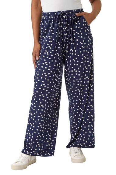 Roman Navy Petite Spot Print Wide Leg Stretch Trouser