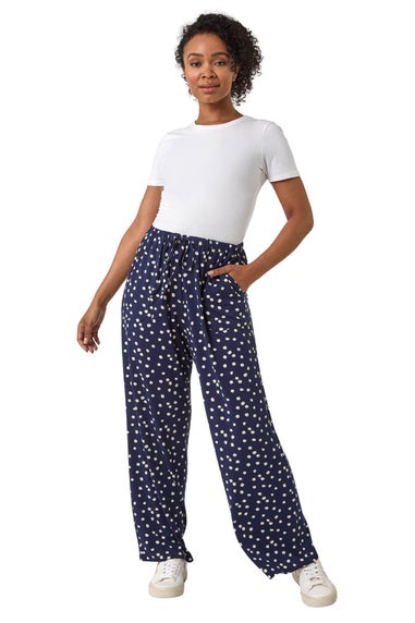 Roman Navy Petite Spot Print Wide Leg Stretch Trouser