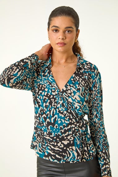 Roman Teal Blue Abstract Print Tie Side Shirt