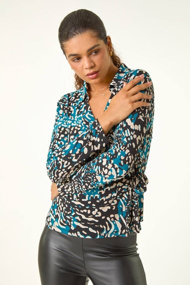 Roman Teal Blue Abstract Print Tie Side Shirt