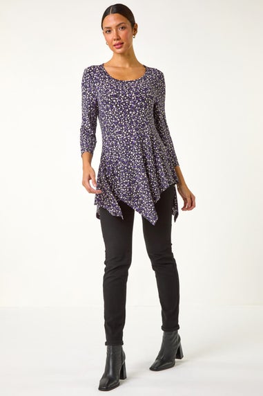 Roman Purple Spot Print Asymmetric Stretch Tunic