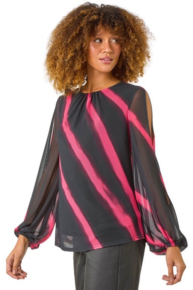 Roman Red Stripe Print Mesh Overlay Top