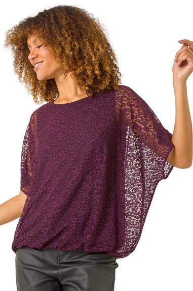 Roman Aubergine Animal Burnout Mesh Bubble Hem Top