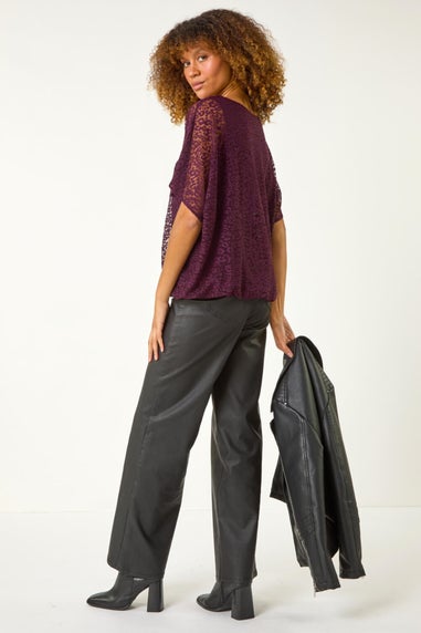 Roman Aubergine Animal Burnout Mesh Bubble Hem Top