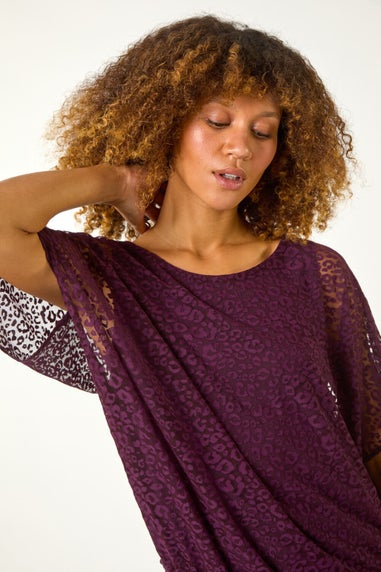 Roman Aubergine Animal Burnout Mesh Bubble Hem Top