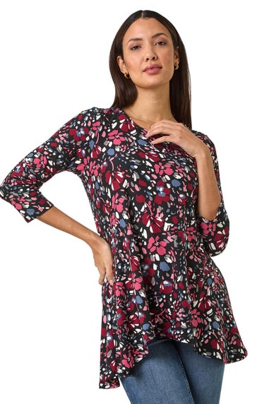 Roman Pink Floral Print Swing Stretch Tunic Top