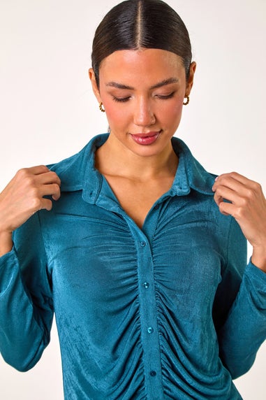 Roman Teal Mock Buttoned Collared Stretch Shirt