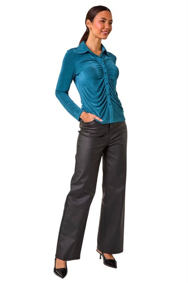 Roman Teal Mock Buttoned Collared Stretch Shirt
