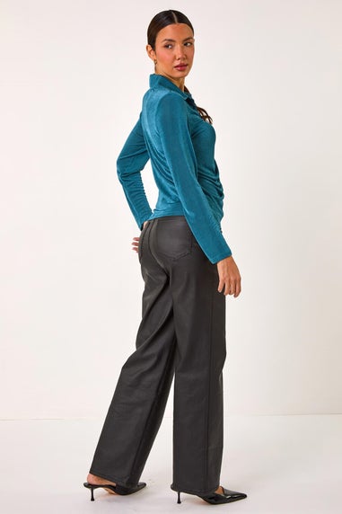 Roman Teal Mock Buttoned Collared Stretch Shirt