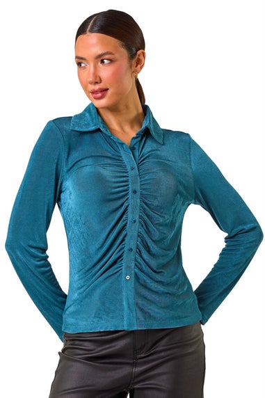Roman Teal Mock Buttoned Collared Stretch Shirt