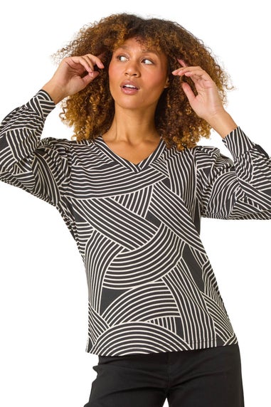 Roman Black Geometric Print V-Neck Stretch Top