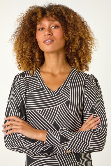 Roman Black Geometric Print V-Neck Stretch Top