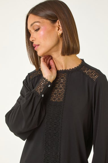 Roman Black Lace Trim Detail Stretch Top