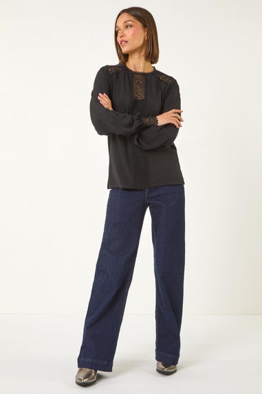 Roman Black Lace Trim Detail Stretch Top