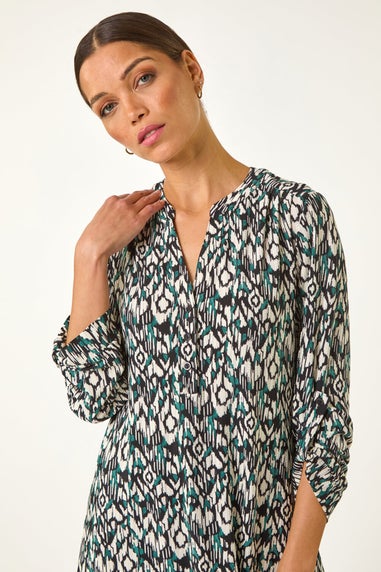 Roman Teal Aztec Print V-Neck Stretch Blouse