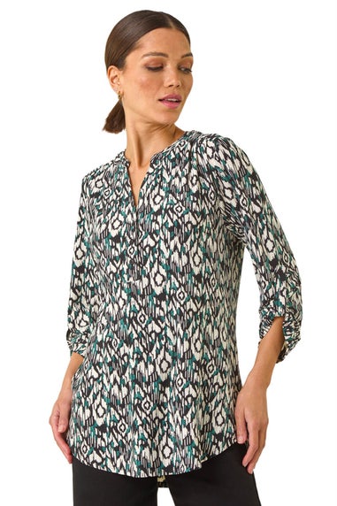 Roman Teal Aztec Print V-Neck Stretch Blouse