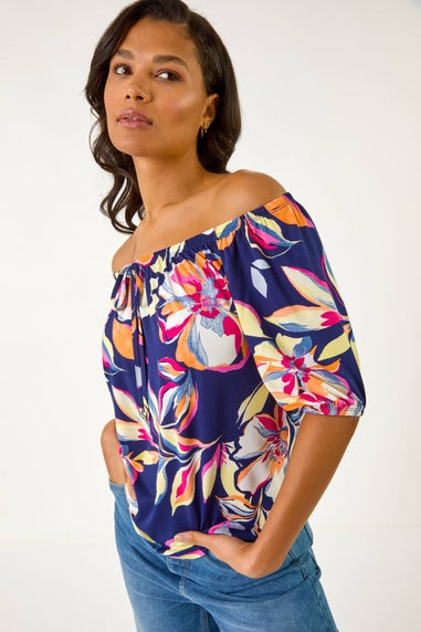 Roman Navy Floral Print Bardot Stretch Top