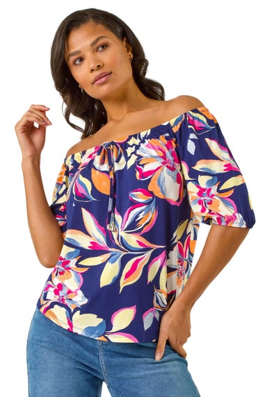 Roman Navy Floral Print Bardot Stretch Top