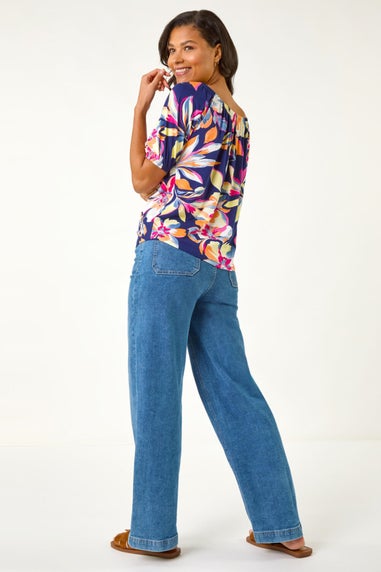 Roman Navy Floral Print Bardot Stretch Top