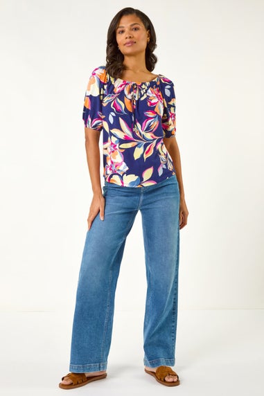 Roman Navy Floral Print Bardot Stretch Top