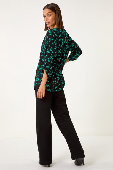 Roman Black Floral Print Shoulder Pleat Blouse