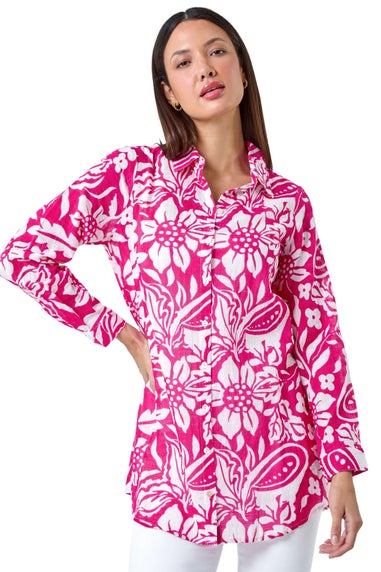 Roman Candy Pink Floral Print Longline Cotton Shirt