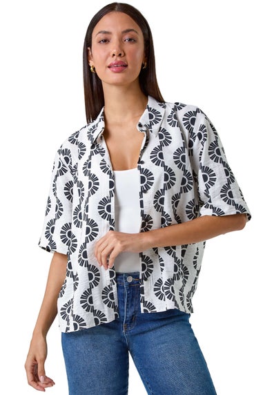 Roman Black Geometric Print Button Shirt