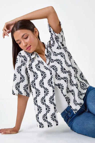 Roman Black Geometric Print Button Shirt