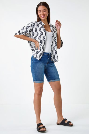 Roman Black Geometric Print Button Shirt