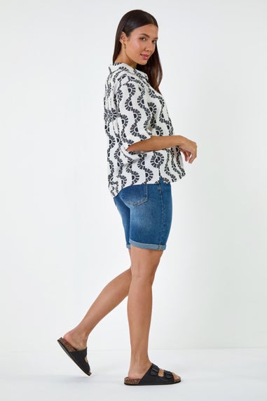 Roman Black Geometric Print Button Shirt
